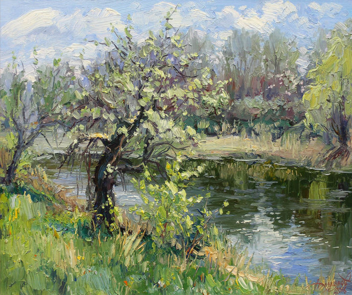 Painting titled "Pond" by Yuriy Demiyanov, Original Artwork, Oil Mounted on Wood Stretcher frame