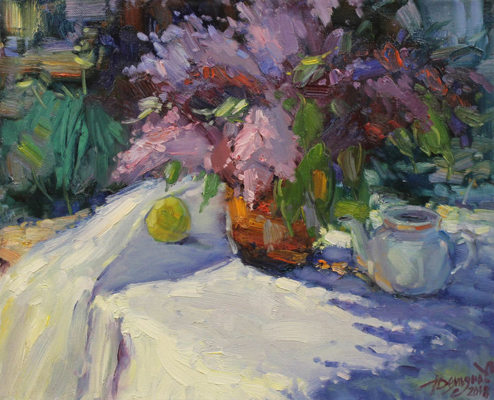 Картина под названием "Lilacs on the table" - Yuriy Demiyanov, Подлинное произведение искусства, Масло Установлен на Деревян…