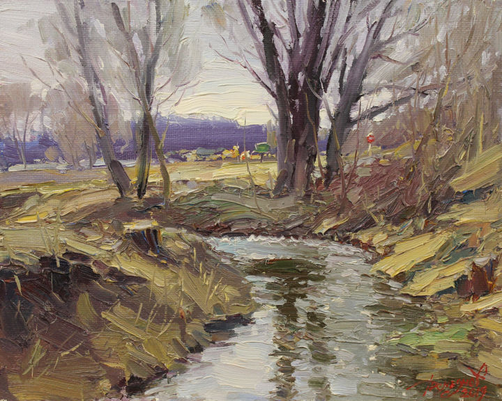 Картина под названием "By the river" - Yuriy Demiyanov, Подлинное произведение искусства, Масло Установлен на Подрамник