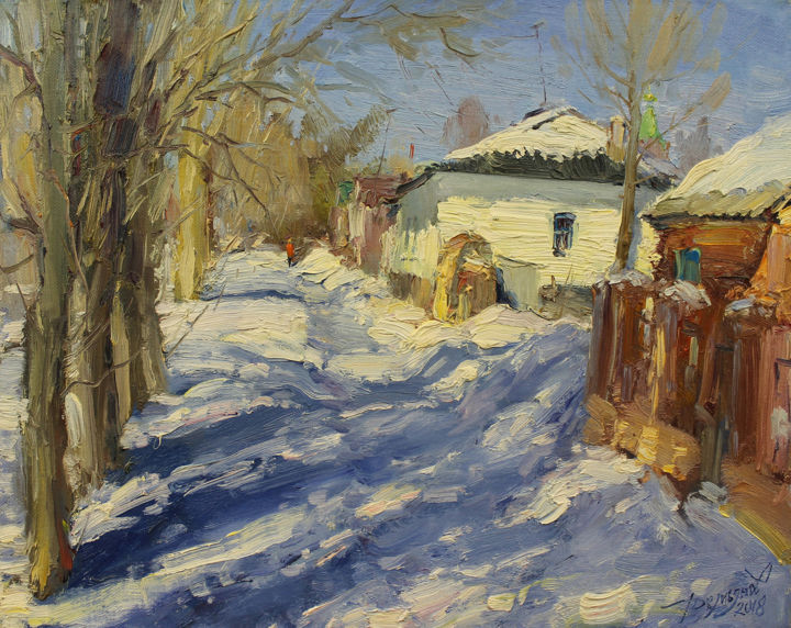 Painting titled "Landscape with a wh…" by Yuriy Demiyanov, Original Artwork, Oil Mounted on Wood Stretcher frame