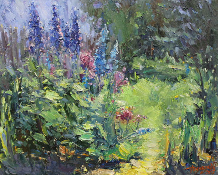 Картина под названием "Path in the garden" - Yuriy Demiyanov, Подлинное произведение искусства, Масло