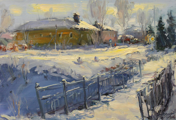 Ζωγραφική με τίτλο "Landscape with a ye…" από Yuriy Demiyanov, Αυθεντικά έργα τέχνης, Λάδι Τοποθετήθηκε στο Ξύλινο φορείο σκ…
