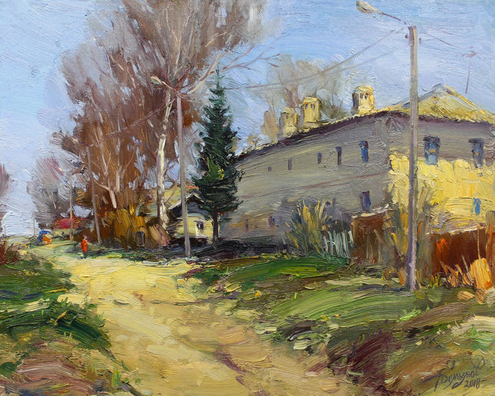 Painting titled "Spring landscape" by Yuriy Demiyanov, Original Artwork, Oil Mounted on Wood Stretcher frame