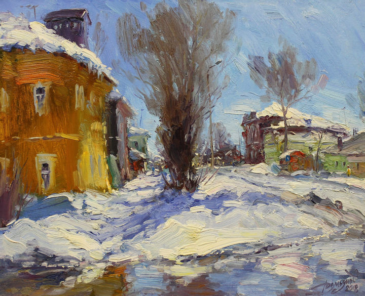 Schilderij getiteld "The last snow" door Yuriy Demiyanov, Origineel Kunstwerk, Olie Gemonteerd op Frame voor houten brancard