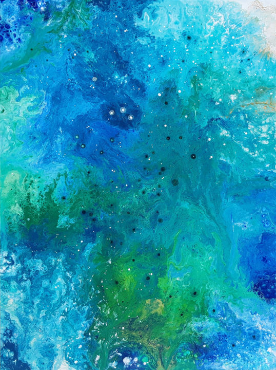 Painting titled "Green Symphony.Blue…" by Alexandra Dobreikin, Original Artwork, Acrylic Mounted on Wood Stretcher frame