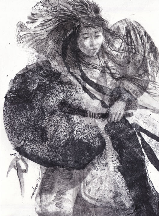 Disegno intitolato "Шаманка" da Yuri Ermolaev, Opera d'arte originale, Monotipo