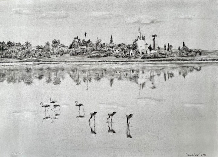 Картина под названием "Flamingo arrived" - Yury Peshkov, Подлинное произведение искусства, Масло
