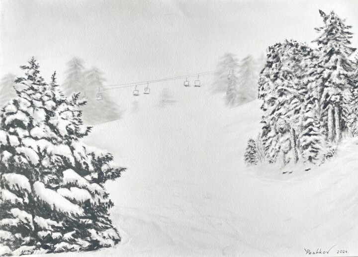 Картина под названием "Snow in Troodos. Cy…" - Yury Peshkov, Подлинное произведение искусства, Масло