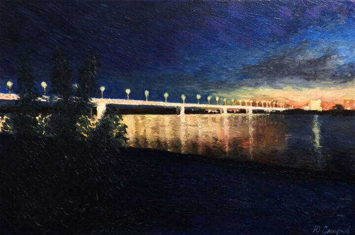 Peinture intitulée "Night bridge in Niz…" par Yury Smirnov, Œuvre d'art originale, Huile Monté sur Châssis en bois