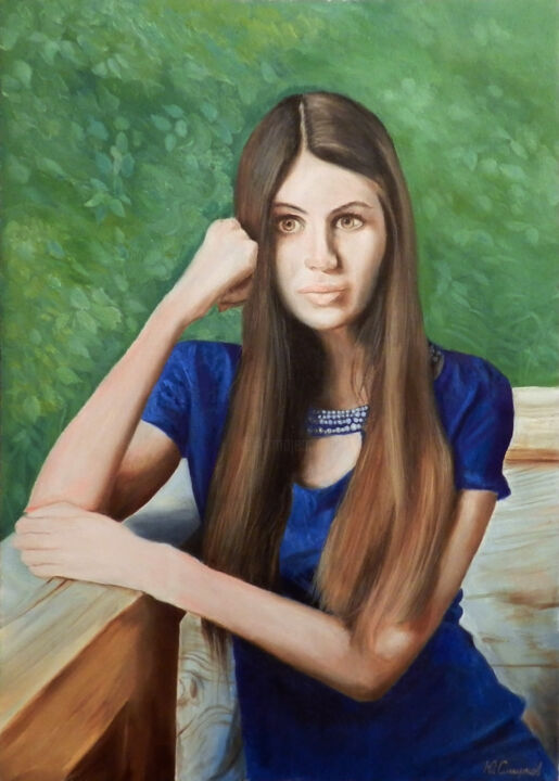 Painting titled "Maria sitting on th…" by Yury Smirnov, Original Artwork, Oil Mounted on Wood Stretcher frame