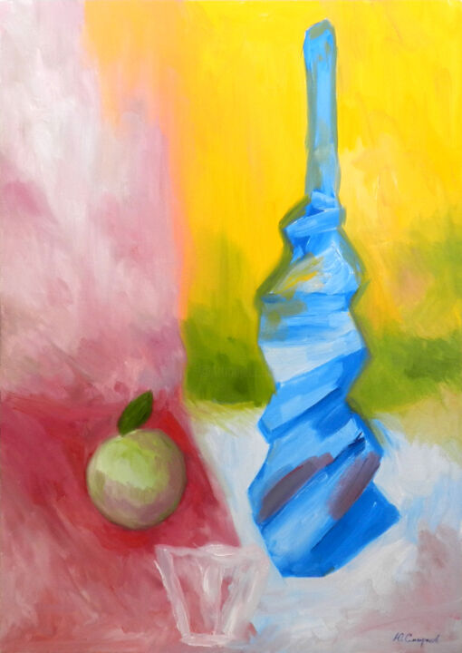 Painting titled "Wine bottle and app…" by Yury Smirnov, Original Artwork, Oil Mounted on Wood Stretcher frame