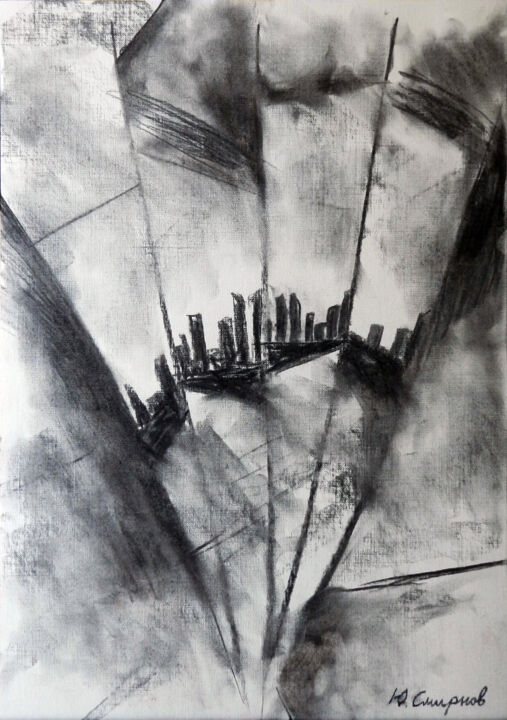 Drawing titled "Night city" by Yury Smirnov, Original Artwork, Charcoal