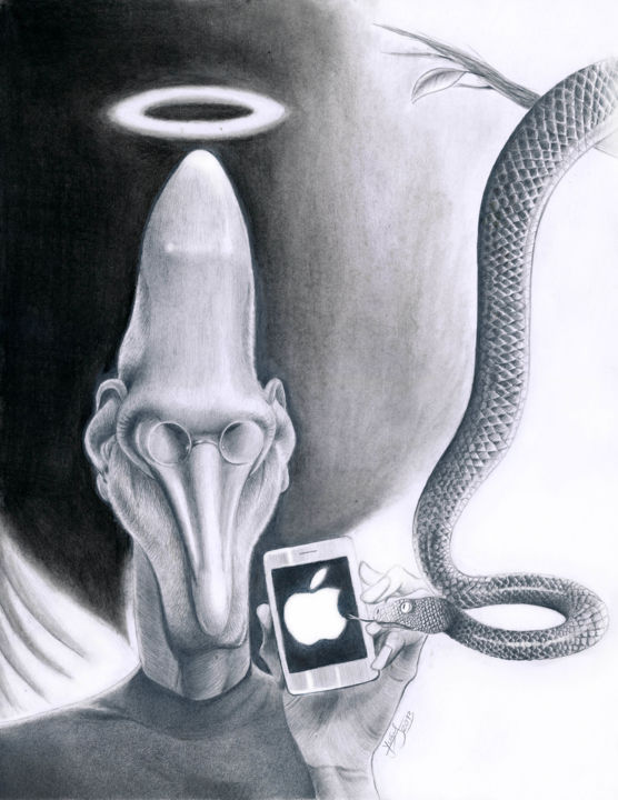 Zeichnungen mit dem Titel "Steve and apple" von Yousef Alimohammadi, Original-Kunstwerk, Bleistift