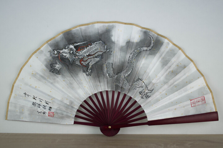 Malerei mit dem Titel "Eventail ink dragon" von Yuxiang Liu, Original-Kunstwerk, Pigmente