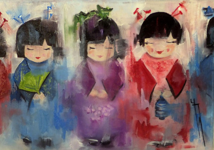 Painting titled "poupées japonaises" by Yveline Javer, Original Artwork, Oil