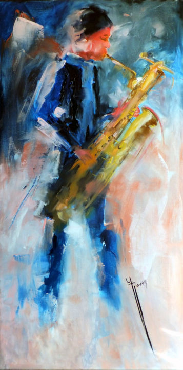 Schilderij getiteld "le Saxophoniste" door Yveline Javer, Origineel Kunstwerk, Olie
