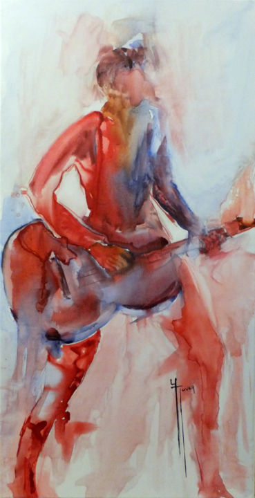 Pintura intitulada "guitare attitude" por Yveline Javer, Obras de arte originais, Aquarela
