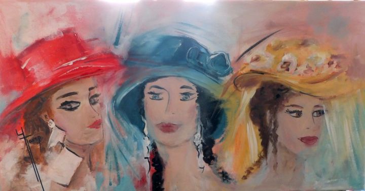 Peinture intitulée "Têtes à chapeaux" par Yveline Javer, Œuvre d'art originale, Huile