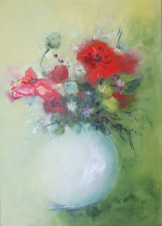 Pittura intitolato "Les coquelicots de…" da Yveline Javer, Opera d'arte originale, Olio