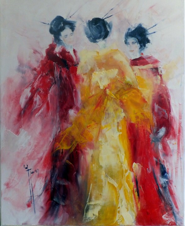 Pintura titulada "Geishas conciliabul…" por Yveline Javer, Obra de arte original, Oleo