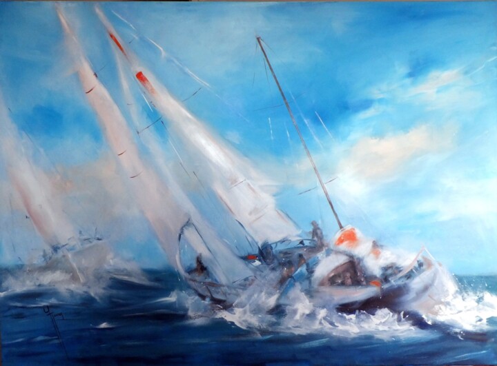 Painting titled "Course Océanique" by Yveline Javer, Original Artwork, Oil
