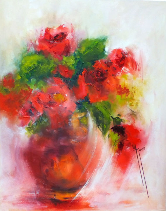 Painting titled "Eclat rouge" by Yveline Javer, Original Artwork, Oil