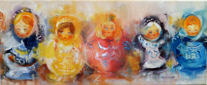 Painting titled "Mes jolies poupées…" by Yveline Javer, Original Artwork, Oil
