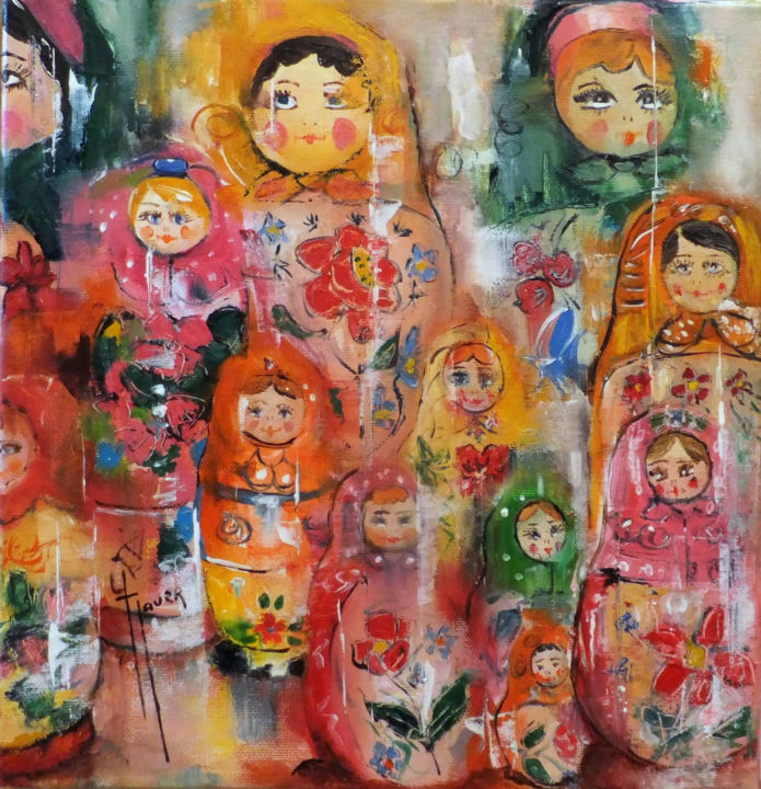 Peinture intitulée "poupées russes papi…" par Yveline Javer, Œuvre d'art originale, Huile