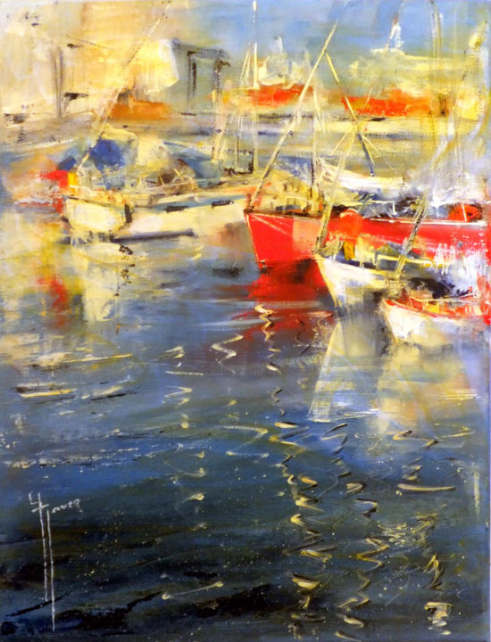 Painting titled "reflets port des sa…" by Yveline Javer, Original Artwork, Oil