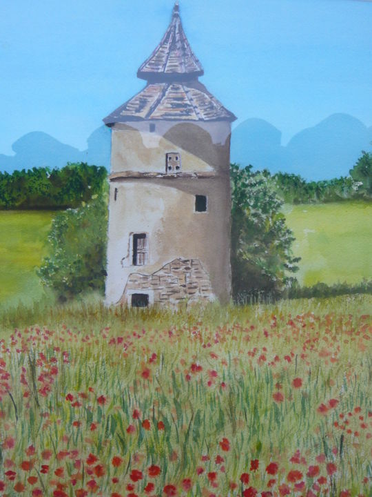 Painting titled "PIGEONNIER du SUD-O…" by Yveline Roux, Original Artwork, Watercolor