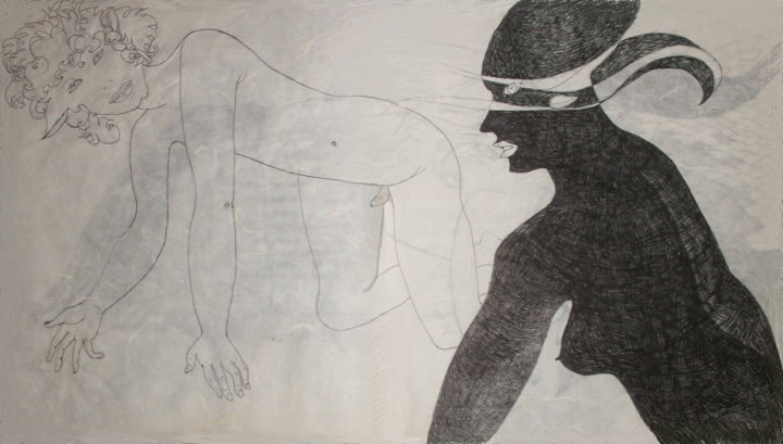 Dessin intitulée "femme  faon" par Yveline Tainmont, Œuvre d'art originale, Stylo à bille