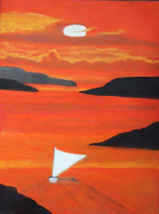 Painting titled "Pirogue" by Yveline Tyaketou - Roquet, Original Artwork, Pastel