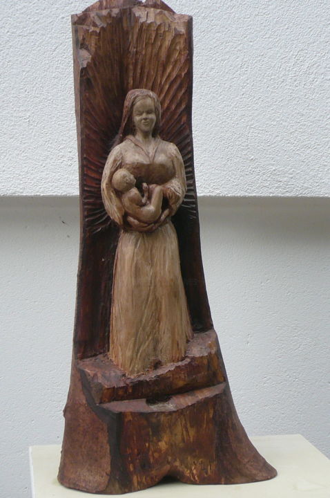 Sculpture intitulée "Vierge-à-l'enfant.j…" par Yves Le Mauff, Œuvre d'art originale, Bois