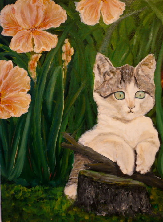 Painting titled "Chaton au jardin" by Yves Le Mauff, Original Artwork, Oil