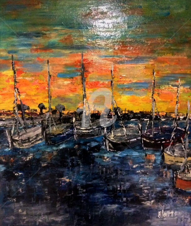 Painting titled "Voiliers Port de Sa…" by Yves Perrotte, Original Artwork, Acrylic