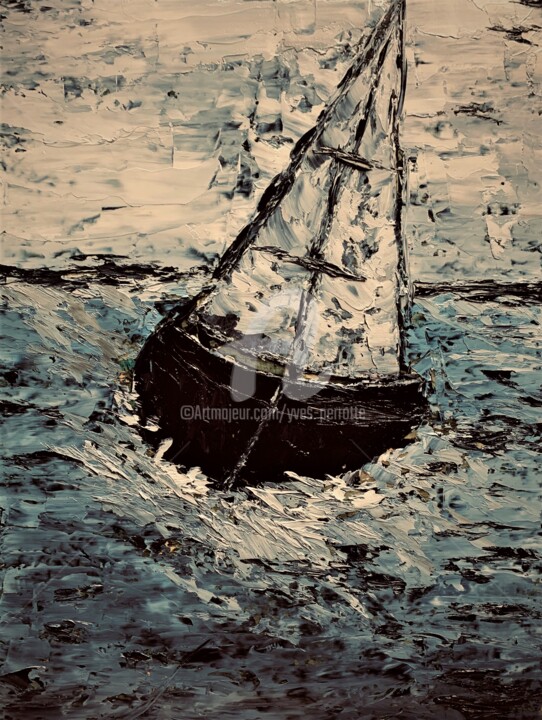 Schilderij getiteld "Pleine Mer voilier" door Yves Perrotte, Origineel Kunstwerk, Olie