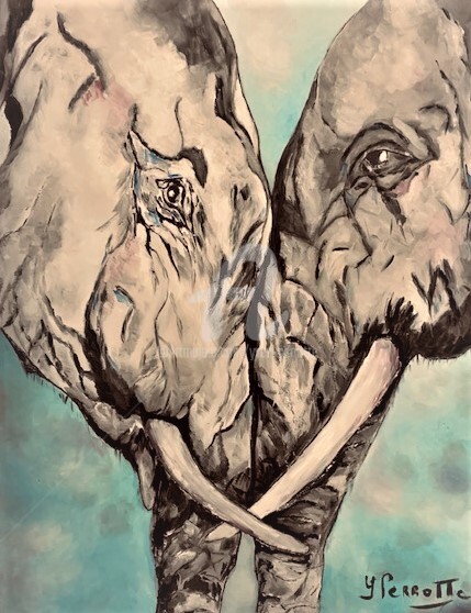 Malerei mit dem Titel "Couple Elephants 'F…" von Yves Perrotte, Original-Kunstwerk, Öl Auf Andere starre Platte montiert
