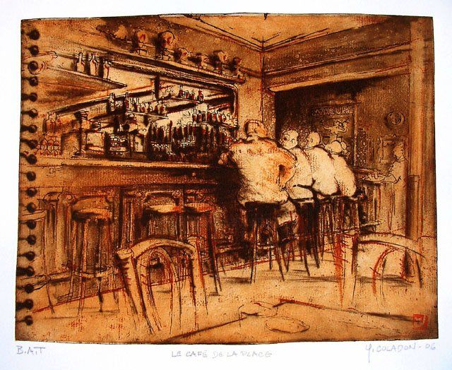 Peinture intitulée "café de la place" par Yves Coladon, Œuvre d'art originale
