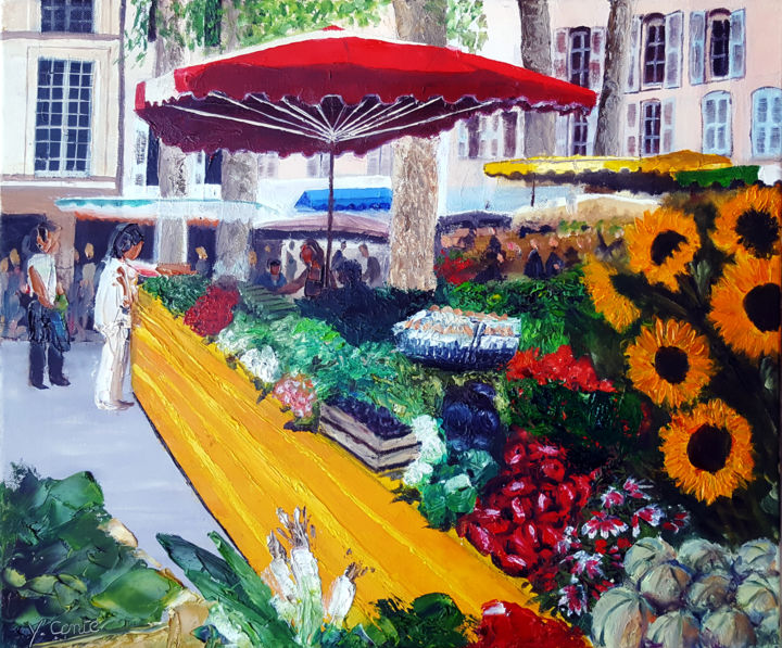 Painting titled "Marché en Provence" by Yves Conte, Original Artwork, Oil