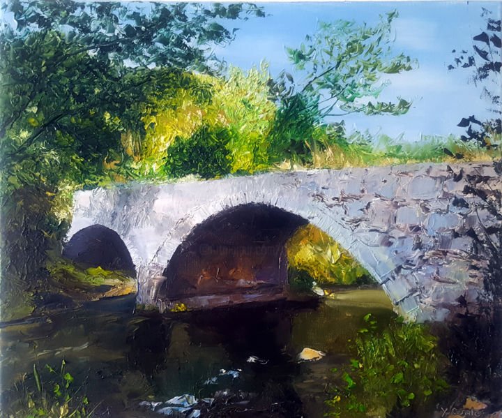 Painting titled "Le vieux pont de pi…" by Yves Conte, Original Artwork, Oil