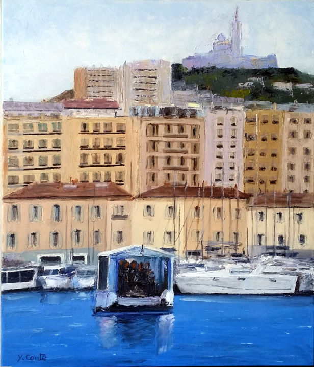 Schilderij getiteld "vieux-port-et-ferry…" door Yves Conte, Origineel Kunstwerk
