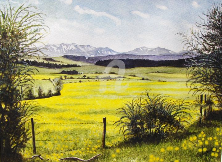 Malerei mit dem Titel "" Libres Prairies "" von Yves Lafond, Original-Kunstwerk, Aquarell Auf Holzplatte montiert