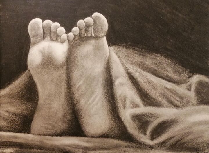 Painting titled "Pieds Nus" by Yves Marie Teiller, Original Artwork, Charcoal