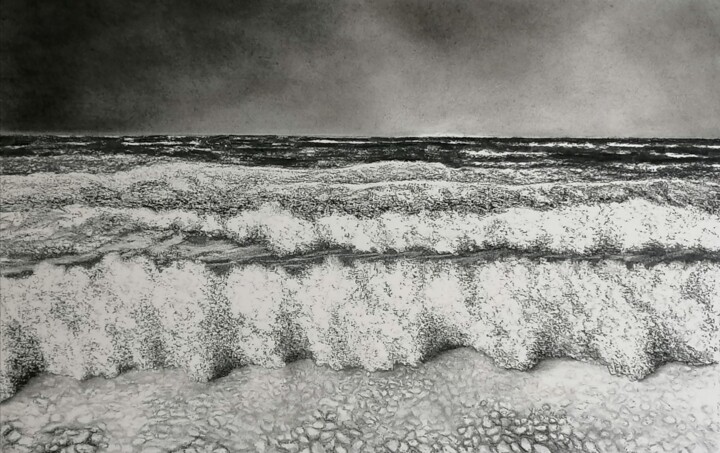 Drawing titled "La Mer, Toujours Re…" by Yves Marie Teiller, Original Artwork, Charcoal