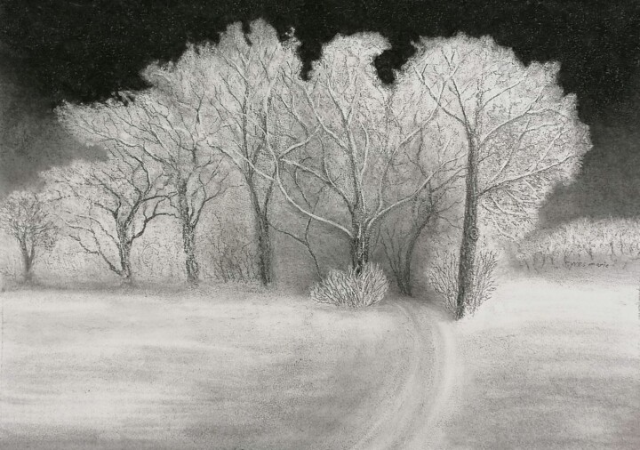 Drawing titled "HIVER" by Yves Marie Teiller, Original Artwork, Charcoal