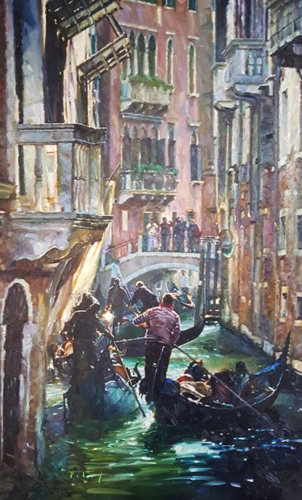 Peinture intitulée "Gondolas in Venice" par Zoltan Suhaj, Œuvre d'art originale, Huile
