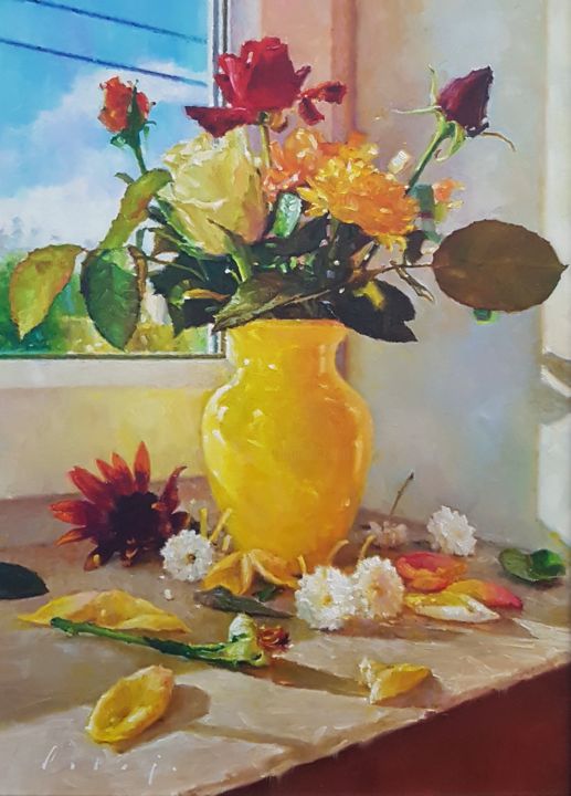 Painting titled "Still life in my wi…" by Zoltan Suhaj, Original Artwork, Oil