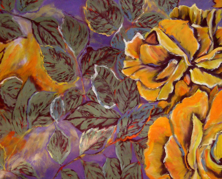 Malerei mit dem Titel "Roses Jaunes, Fond…" von Johannes Zacherl Painter, Original-Kunstwerk, Acryl