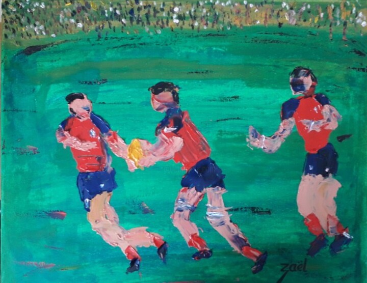 Painting titled "RUGBY" by Zaël, Original Artwork, Oil Mounted on Wood Stretcher frame