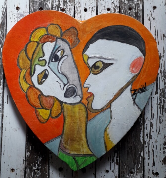 Painting titled "" LE BAISER "" by Zaël, Original Artwork, Oil Mounted on Wood Stretcher frame